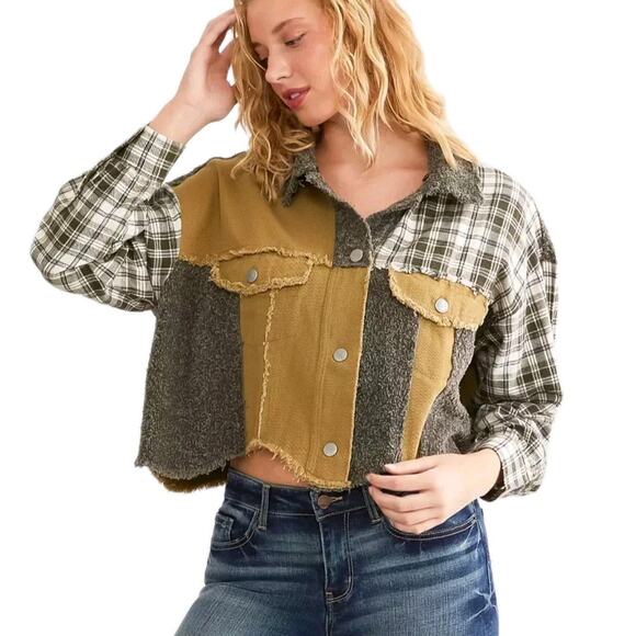 Miss Me Cotton Pieced Plaid Hooded Shacket Jacket Sz Large Boho Green Cropped - Picture 1 of 13